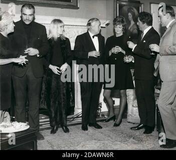 Dec. 12, 1969 - London, England, United Kingdom - The Prime Minister HAROLD WILSON, center, and his wife host an arts council reception at No. 10 Downing Street in support of Theatre Organisation for Children and Young People. Photo shows, from left, JENNIE LEE, Minister with Special Responsibility for the Arts; actor SEAN CONNERY, his wife actress DIANE CILENTO, PM Wilson, actress ELSPET GRAY, Actor BRIAN RIX and ERIC PORTER. (Credit Image: © Keystone Press Agency/Keystone USA via ZUMAPRESS.com) Stock Photo