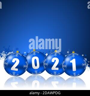 New year 2021 illustration with christmas balls and snowflakes on blue gradient background Stock Photo