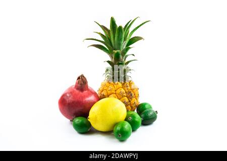 Series of photos with group of variety of exotic fresh fruits for website or banner perfect photo on white isolated background Stock Photo
