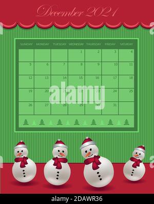 Calendar December Christmas for the year 2021, snowman with hat, red green color vector Stock Vector