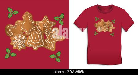 Gingerbread and holly leaves, graphic design for t-shirts, Christmas motif image vector Stock Vector