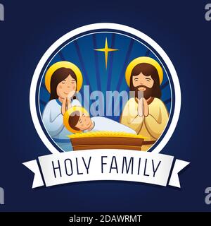Christmas nativity greeting card, Holy family scene. Vector illustration birth of Christ, with baby Jesus prayer Mary and Joseph and star of Bethlehem Stock Vector