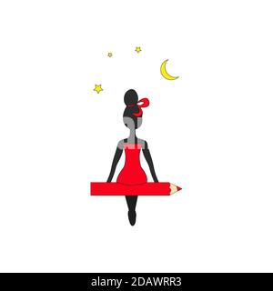 The girl is sitting on the pen look at the moon and stars. Girl sitting on a pen and waving her hand, concept of hi and goodbye, illustration in flat Stock Vector