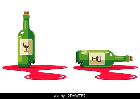 set with a bottle of wine that is smashed. puddle of alcohol. damage to the store. flat vector illustration isolated on white background. Stock Vector