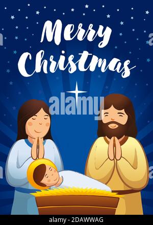 Christmas nativity greeting card, Holy family scene. Vector illustration birth of Christ, with baby Jesus prayer Mary and Joseph and star of Bethlehem Stock Vector