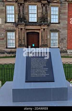 BLM,Black Lives Matter,plaque,Statue removed at Dunham Massey,black slave boy,Altrincham, Greater Manchester,England,UK, WA14 4SJ Stock Photo