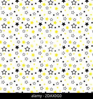 Gold, yellow and black stars. Shining stars seamless white background pattern. Stock Vector