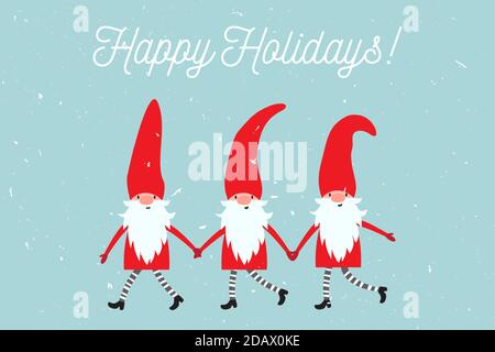 Set of cute christmas gnomes in funny hats and holding hands. Vector illustration of northern elfs, cartoon scandinavian dwarfs. Happy Holidays Xmas Stock Vector