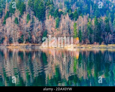 Stunning serene late Autumnal lake reflection with hint of first morning dribble waves Lokve lake Lokvarsko jezero in Croatia Europe