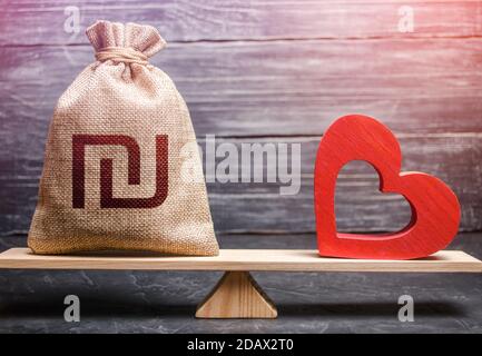 Israeli shekel money bag and red heart on scales. Funding healthcare. Health life insurance financing concept. Support and life quality improvement. R Stock Photo