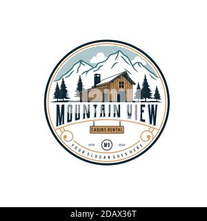 Mountain view with cabin for village house rent logo Premium Vector Stock Vector