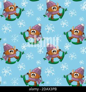 Seamless vector pattern with bull, ski and snowflake Stock Vector