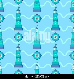 Pattern for boys. Marine theme. Seamless pattern with lighthouse and compass on a blue background. Light sea waves. Stock Vector
