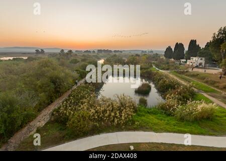 Sunrise view over wetland and ancient canal system, in En Afek nature reserve, northern Israel Stock Photo