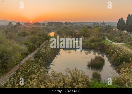 Sunrise view over wetland and ancient canal system, in En Afek nature reserve, northern Israel Stock Photo