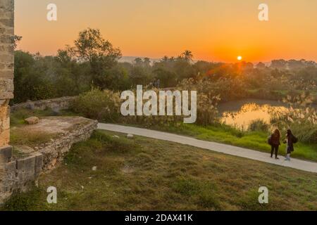 Sunrise view over wetland and ancient canal system, in En Afek nature reserve, northern Israel Stock Photo