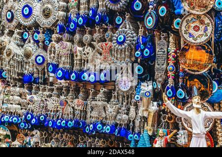 Souvenirs and gifts from Turkey. Ceramics, lamps and decor on a market counter in Istanbul. Stock Photo