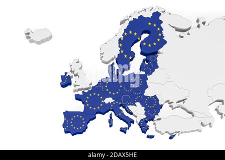 Europe 3d map with marked borders - European Union member states on a three dimensional map of Europe marked with EU flag - isolated on white backgrou Stock Photo