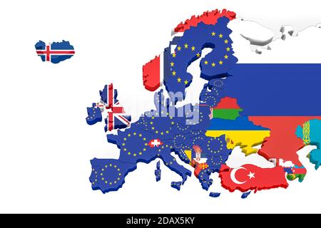 Europe 3d map with borders marked - European union member states marked with an EU flag, other countries marked with their own flag - isolated on whit Stock Photo