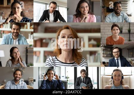 Focused young red-haired female employee talking with colleagues online. Stock Photo