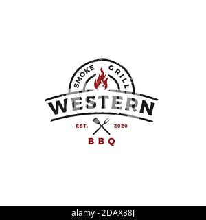 Vintage Grill Barbeque barbecue bbq with crossed fork and fire flame Label Stamp Logo design vector Stock Vector