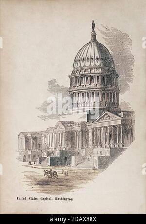 Antique engraving of the United States Capitol, Washington,  USA. 19th century. The Capitol Building, is the meeting place of the United States Congre Stock Photo