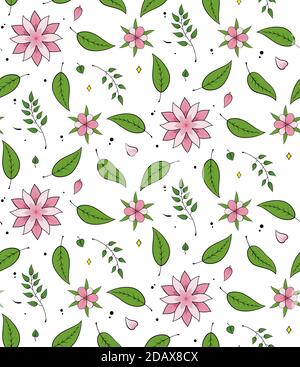 Flower seamless pattern. Floral doodle ornament. Repeated pink blossom and green leaves. Texture design for wrapping paper, textile, wallpaper and etc. Vector illustration Stock Vector