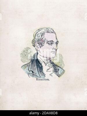 Engraving of Alexander Hamilton. Alexander Hamilton (1755 or 1757 – 1804) was an American statesman, politician, legal scholar, military commander, la Stock Photo