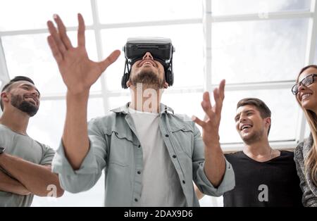 Doctor uses augmented reality goggles to exam human skeleton Stock Photo