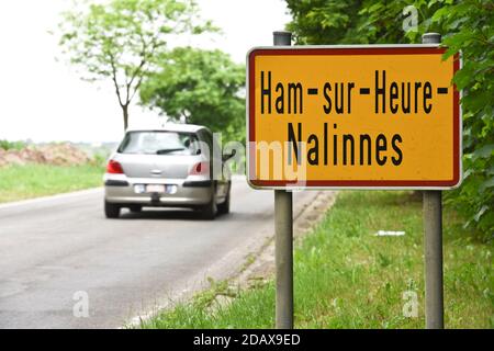 Illustration shows the name of the Ham-sur-Heure-Nalinnes municipality on a road sign, Monday 30 April 2018. BELGA PHOTO JEAN-LUC FLEMAL Stock Photo