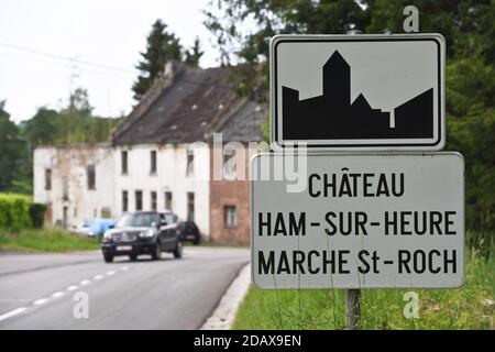 Illustration shows the name of the Ham-sur-Heure-Nalinnes municipality on a road sign, Monday 30 April 2018. BELGA PHOTO JEAN-LUC FLEMAL Stock Photo