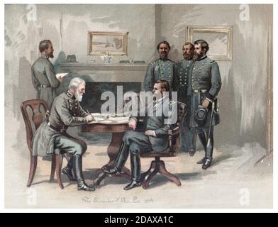 American Civil War. 1861-1865. The surrender of general Robert E. Lee to lieutenant general Ulysses S. Grant at Appomattox Court House. USA. April 9, Stock Photo