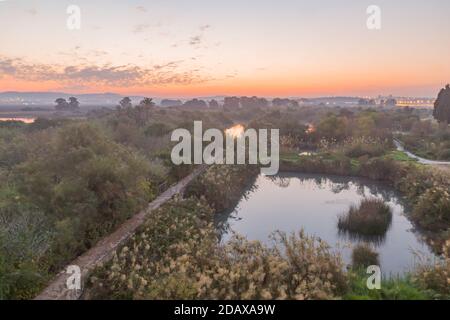 Sunrise view over wetland and ancient canal system, in En Afek nature reserve, northern Israel Stock Photo