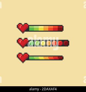 Pixel art vector illustration set - red heart and health bar color indicator, 8 bit game design hud graphic sprite Stock Vector