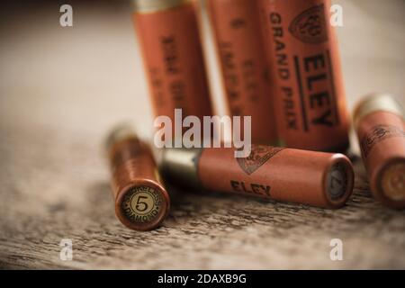 Old Eley Grand Prix 28-gauge paper cased shotgun cartridges loaded with lead shot. England UK GB. Stock Photo