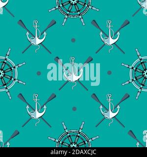 Pattern for boys. Marine theme. Seamless pattern with anchor and steering wheel of the ship on a light blue background. The outlines of the world map. Stock Vector