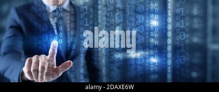 Big data statistics and business analytics concept. Binary code Information on virtual screen and data center background Stock Photo