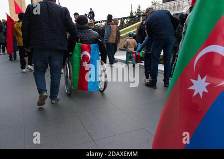 Baku - Azerbaijan: 10 November 2020. A disabled citizen who celebrates Victory Day. Stock Photo