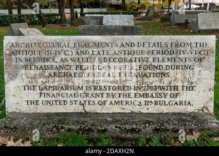 Sofia Bulgaria lapidarium with stone epigraphs, acroterions, columns, cornices from antique and late antique II - VI century found in ancient Serdika Stock Photo