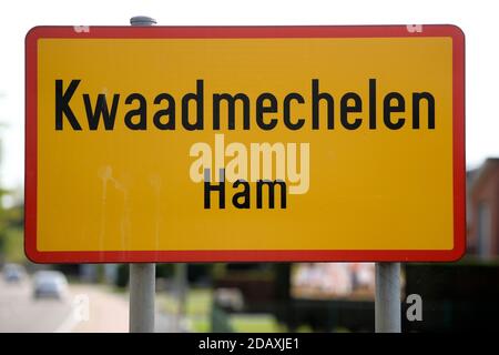 Illustration shows the name of the Kwaadmechelen, Ham municipality on a road sign, Friday 21 September 2018. BELGA PHOTO YORICK JANSENS Stock Photo