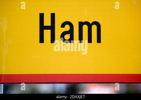 Illustration shows the name of the Ham municipality on a road sign, Friday 21 September 2018. BELGA PHOTO YORICK JANSENS Stock Photo