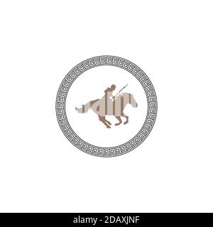 War horses with soldiers carrying weapons with ancient greek circle border frame. Logo design vector. Stock Vector