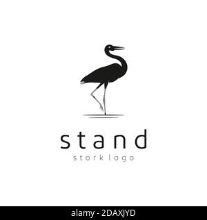 Silhouette Stork Heron Bird on River lake logo design Stock Vector