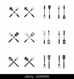 BBQ or grill tools icon. Crossed barbecue fork and spatula with sausage ...