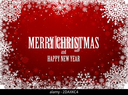 Merry Christmas red background with frame of snowflakes Stock Vector