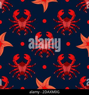 Pattern for boys. Marine theme. Seamless pattern with red crabs and starfish on a blue background. Red dots. Contemporary colors. Stock Vector