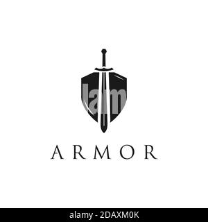 Security Shield with knight Sword logo design inspiration Stock Vector