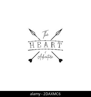 Crossed Arrows with heart, Minimalist Rustic Hipster logo design with line art style Stock Vector