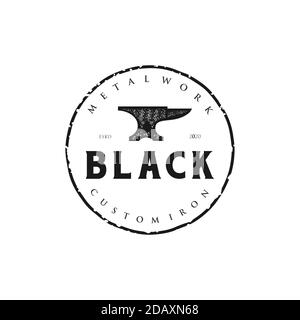 Vintage retro badge Blacksmith Iron Anvil Foundry logo design Stock Vector