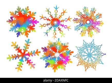 Set of rainbow snowflakes. A multi-colored abstraction of a snowflake. Merry Christmas. Mixed media. Vector illustration Stock Vector